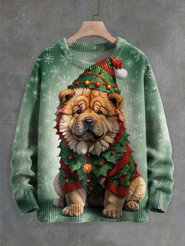 Christmas Fun Cute Dog Art Print Knit Pullover Sweater