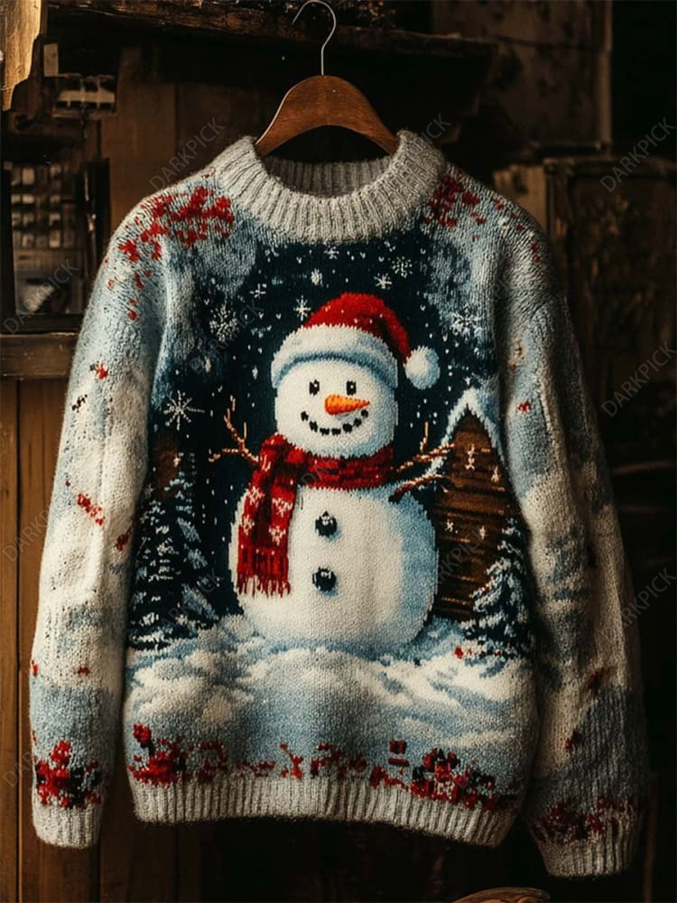 Christmas Snowman Art Print Knit Pullover Sweater