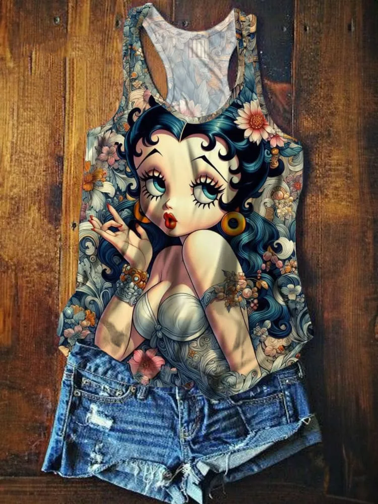 Women's Summer Vintage Girls Floral Print Crew Neck Tank Top