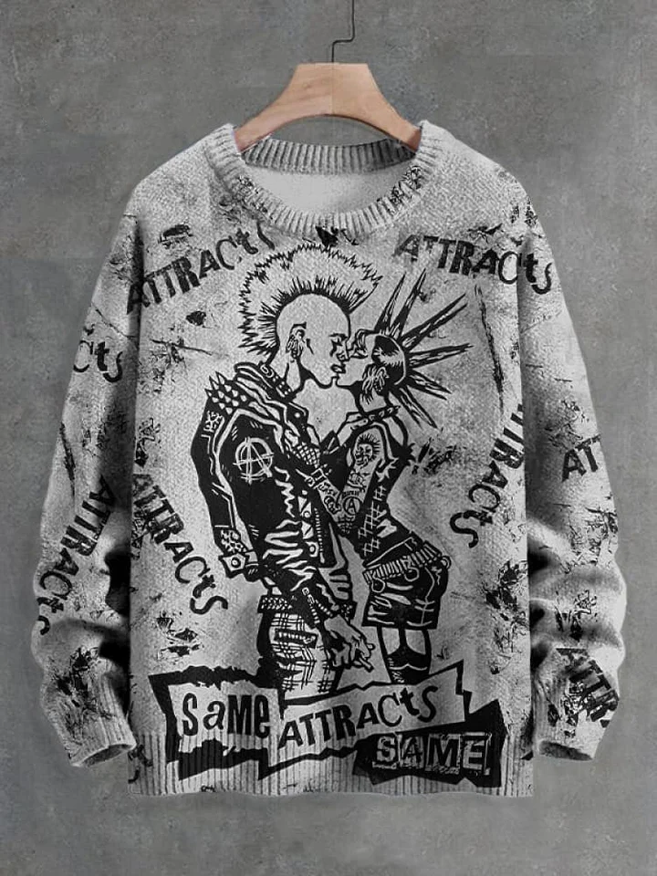 Men's Same Attracts Same Punk Rock Couple Kissing Print Knit Sweatshirt