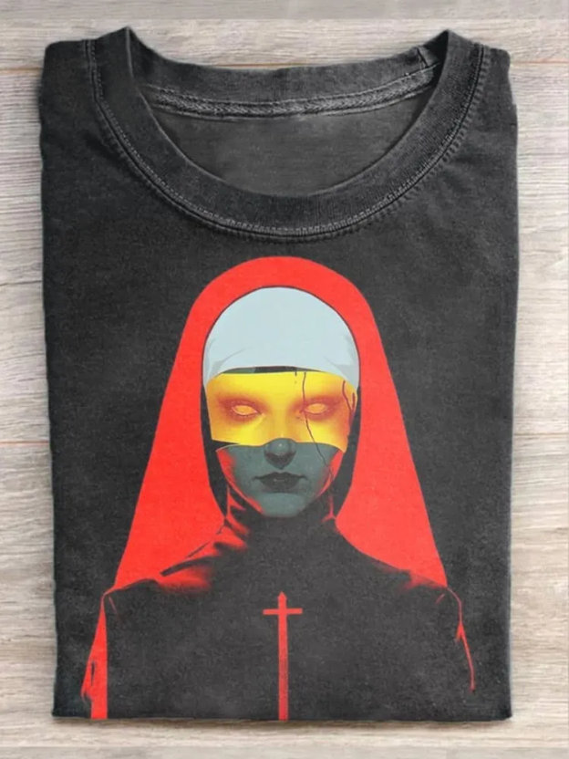 Unisex Cyberpunk Christ Demonic Nun Printed Casual Short Sleeve T-Shirt