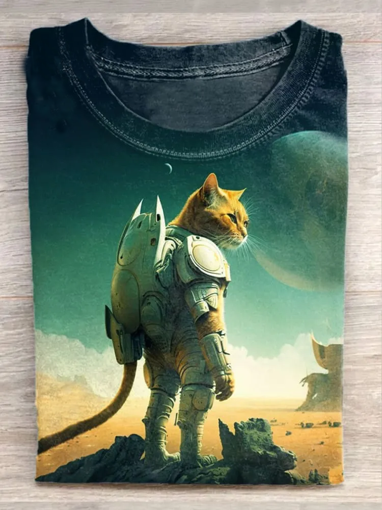 Unisex Space Cat Art Illustration Printed Casual Cotton Crew Neck T-Shirt