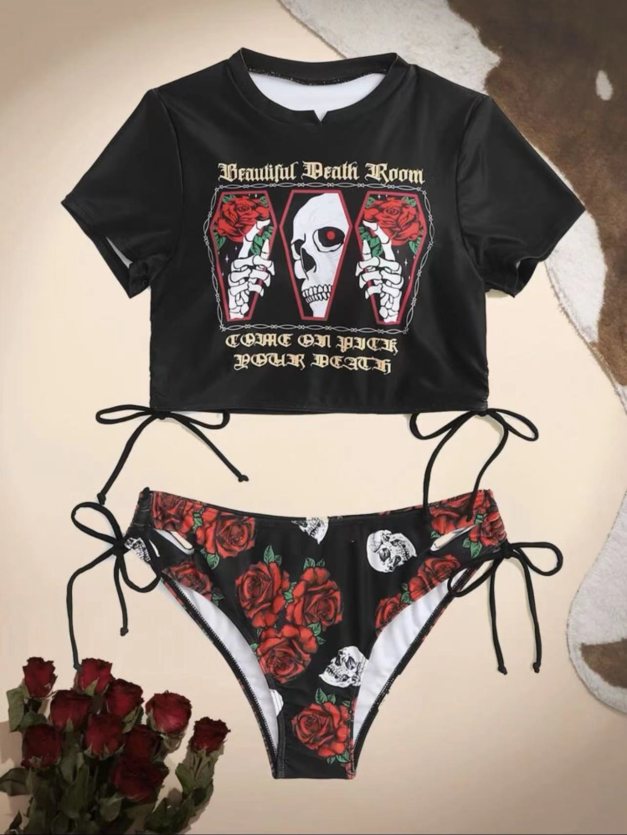 Maroon Rose Skull Bikini; Beautiful Death Room Red Bikini; Large Dark Red Bikiniswimsuit