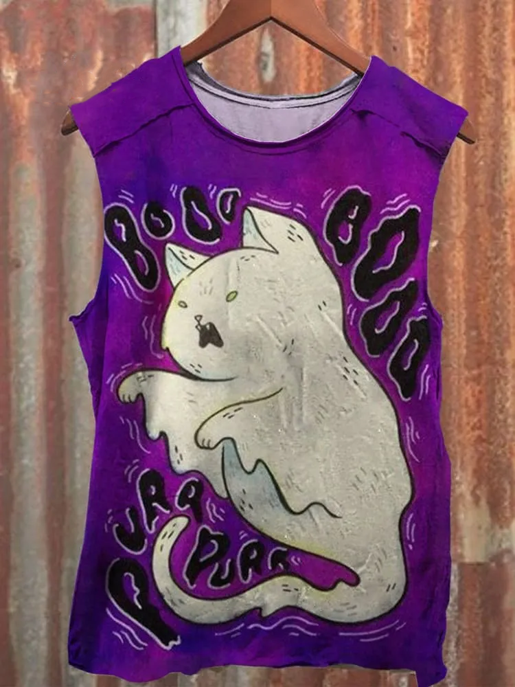 Unisex Ghost Cat Print Casual Tank Top
