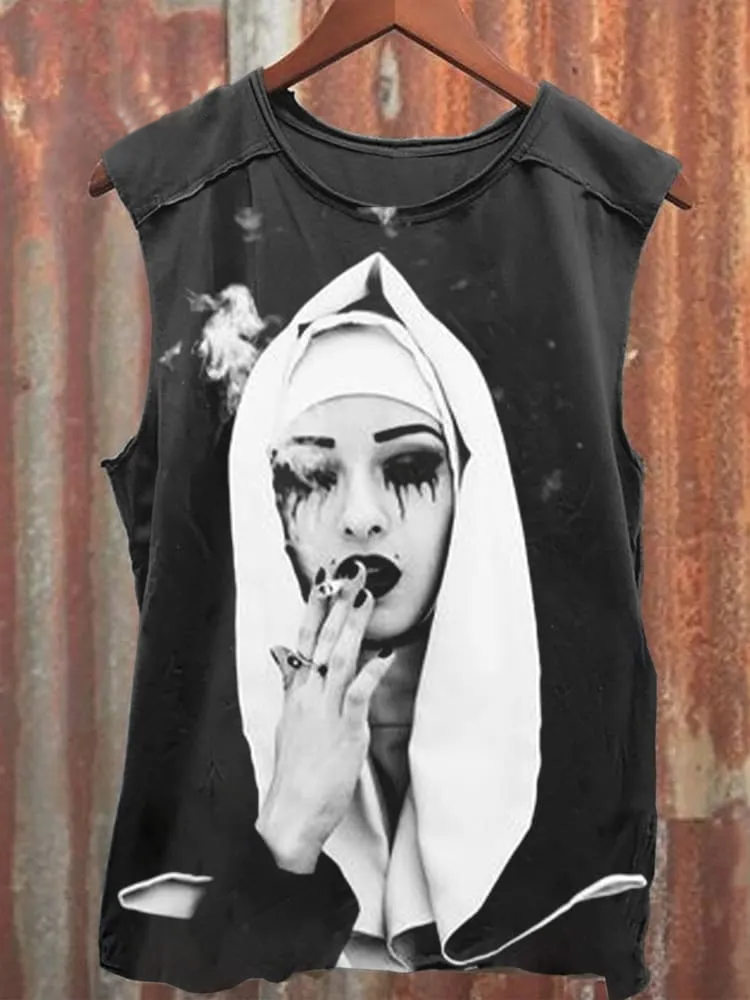 Unisex Smoking Nun Print 100% Cotton Casual Tank Top