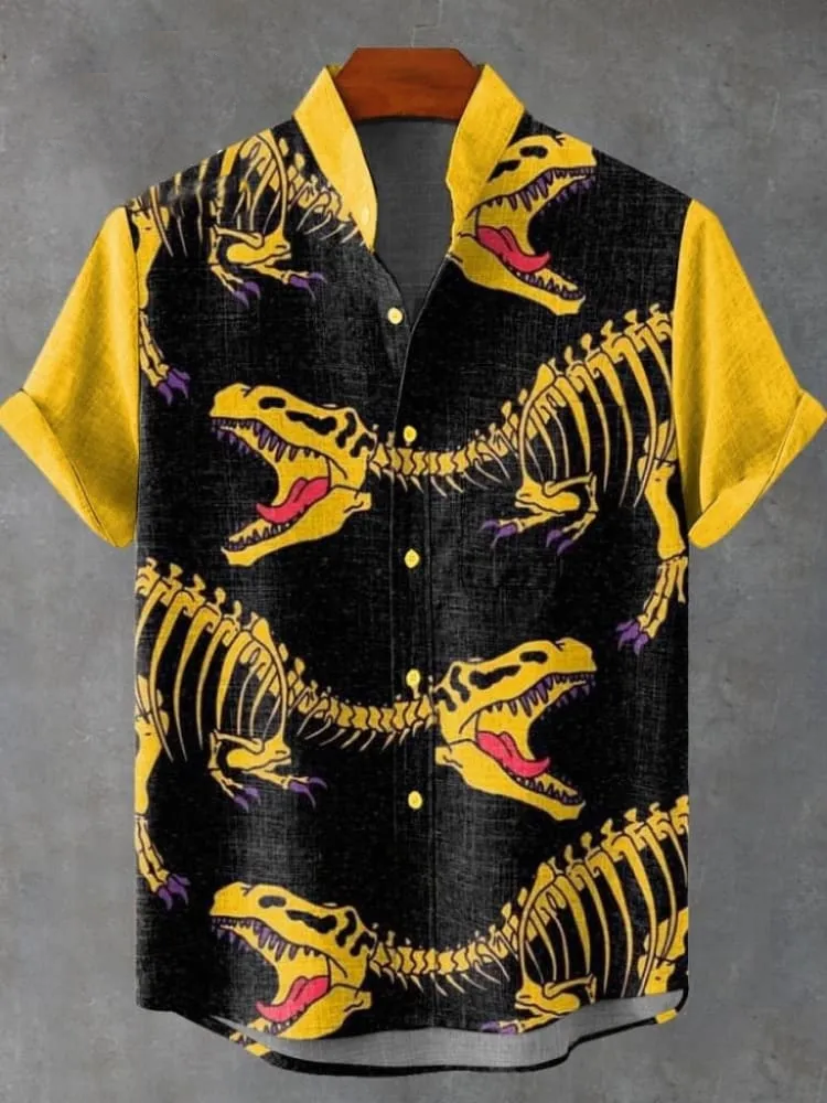 Men's Dinosaur Fossil Vintage Print Linen Blend Shirt