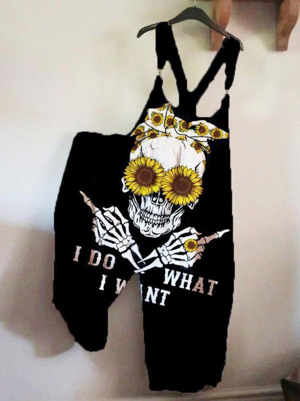 Skeleton Print Baggy Suspenders Jumpsuit