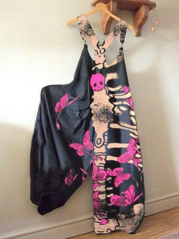  Skeleton Print Baggy Suspenders Jumpsuit