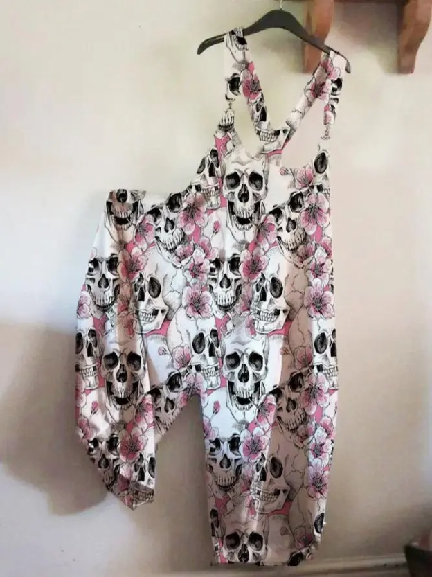 Skeleton Print Baggy Suspenders Jumpsuit