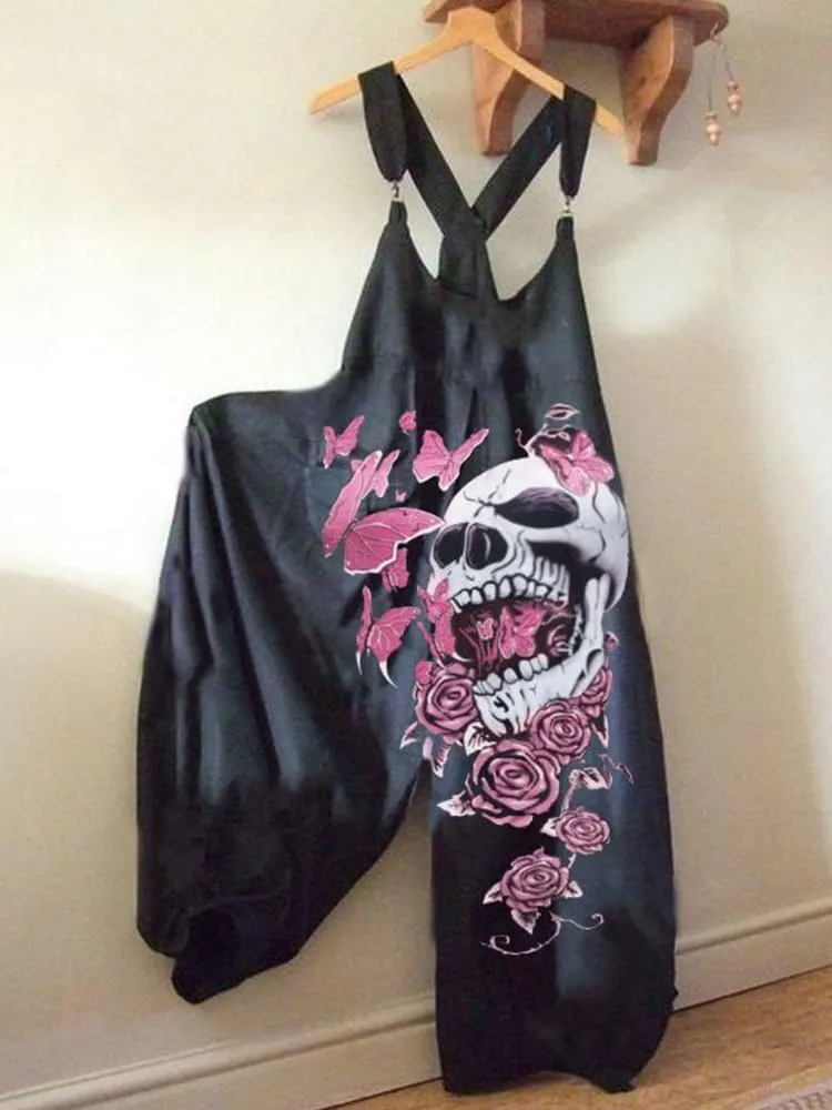 Women's Pink Rose Butterfly Skeleton Print Baggy Suspenders Jumpsuit