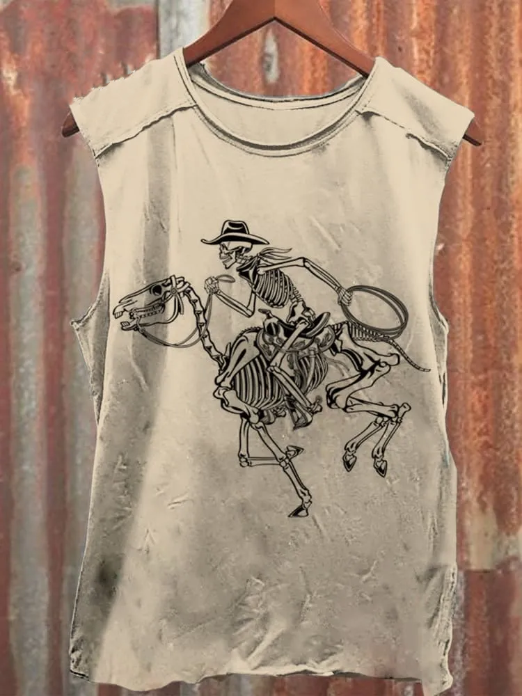Unisex Horseback Riding Skeleton Print Casual Tank Top