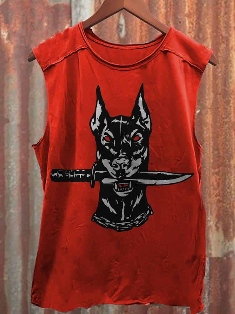 Unisex Black Dog Bit Dagger Print  Casual Tank Top