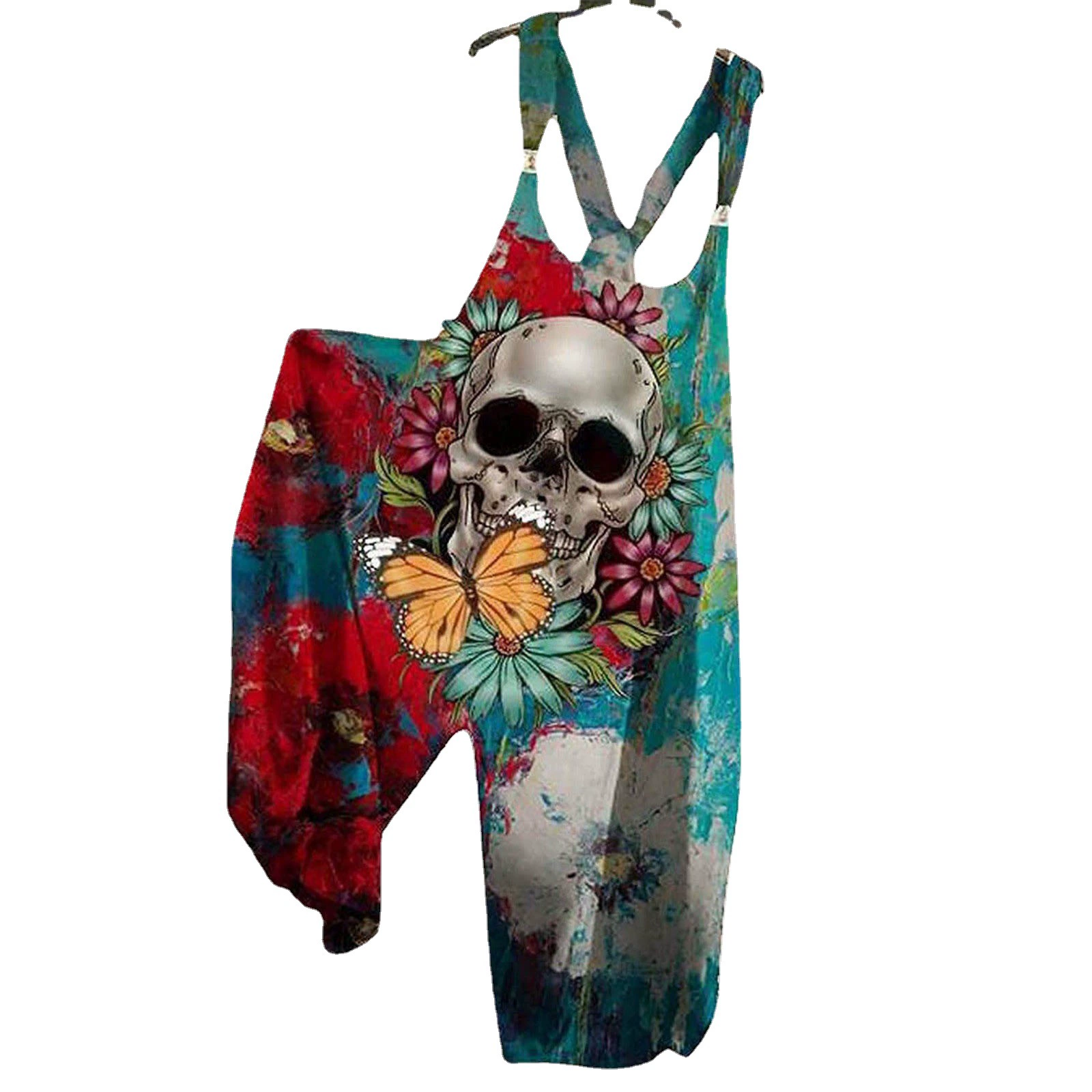 Skeleton Print Baggy Suspenders Jumpsuit