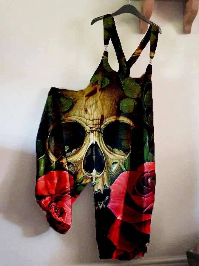 Skeleton Print Baggy Suspenders Jumpsuit