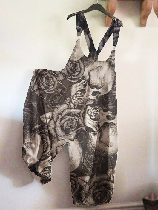 Skeleton Print Baggy Suspenders Jumpsuit