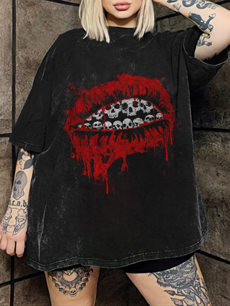 Woman Mouth Skull Print Round Neck Short Sleeves T-Shirt