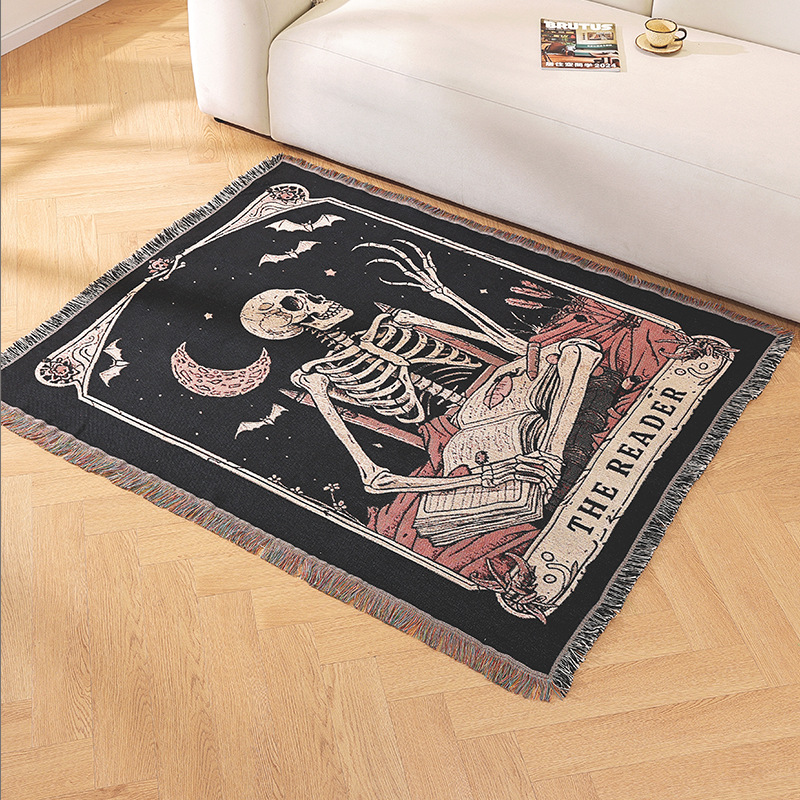 Skeleton Dance Woven Blanket: Gothic Space Throw, Cotton Fringe
