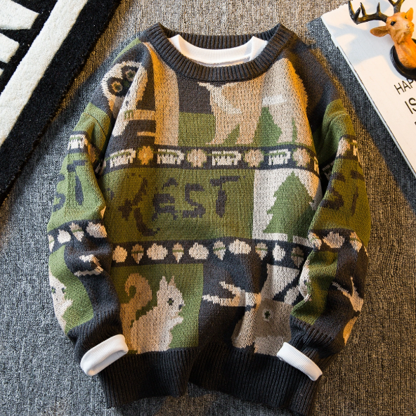 Retro Cartoon Jacquard Round Neck Sweater