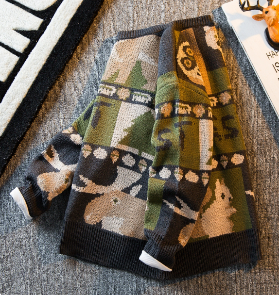 Retro Cartoon Jacquard Round Neck Sweater