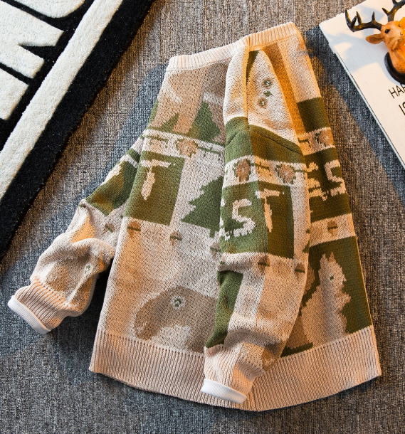 Retro Cartoon Jacquard Round Neck Sweater