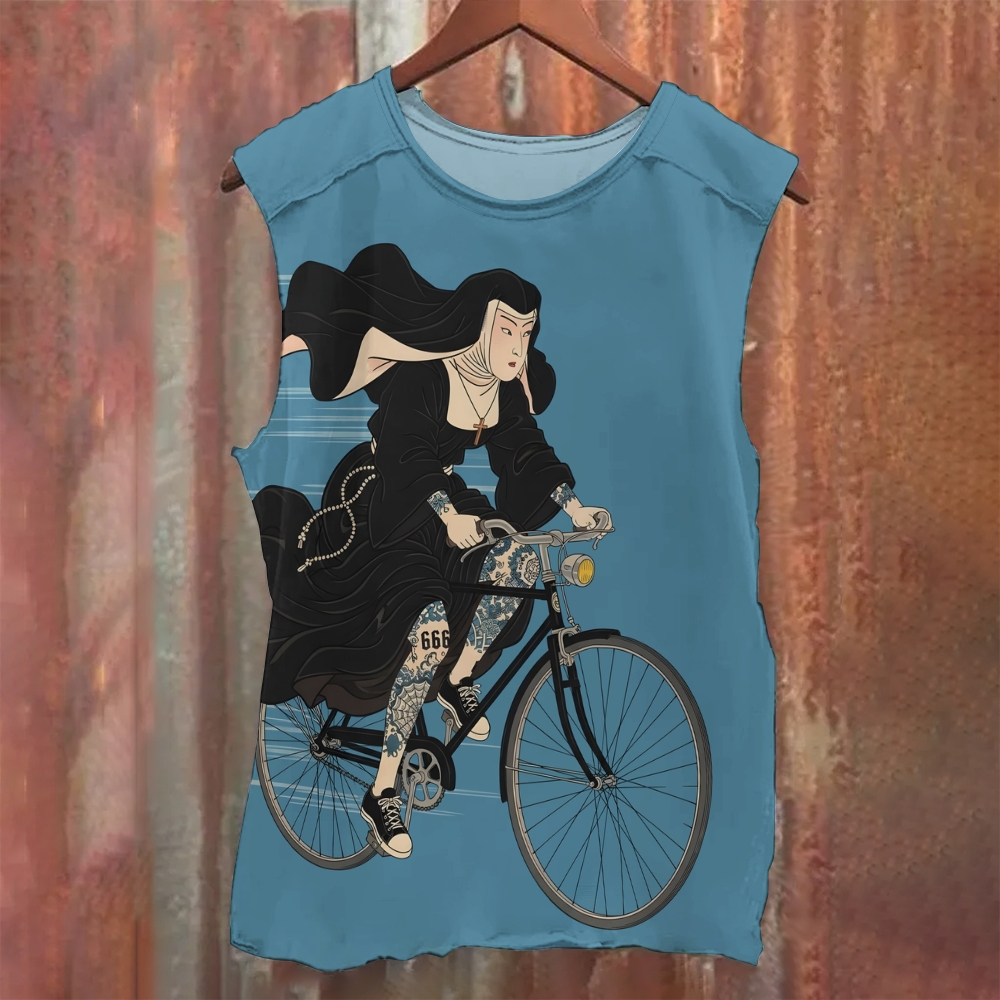 A nun riding a bicycle Unisex Casual Printed Tank Top