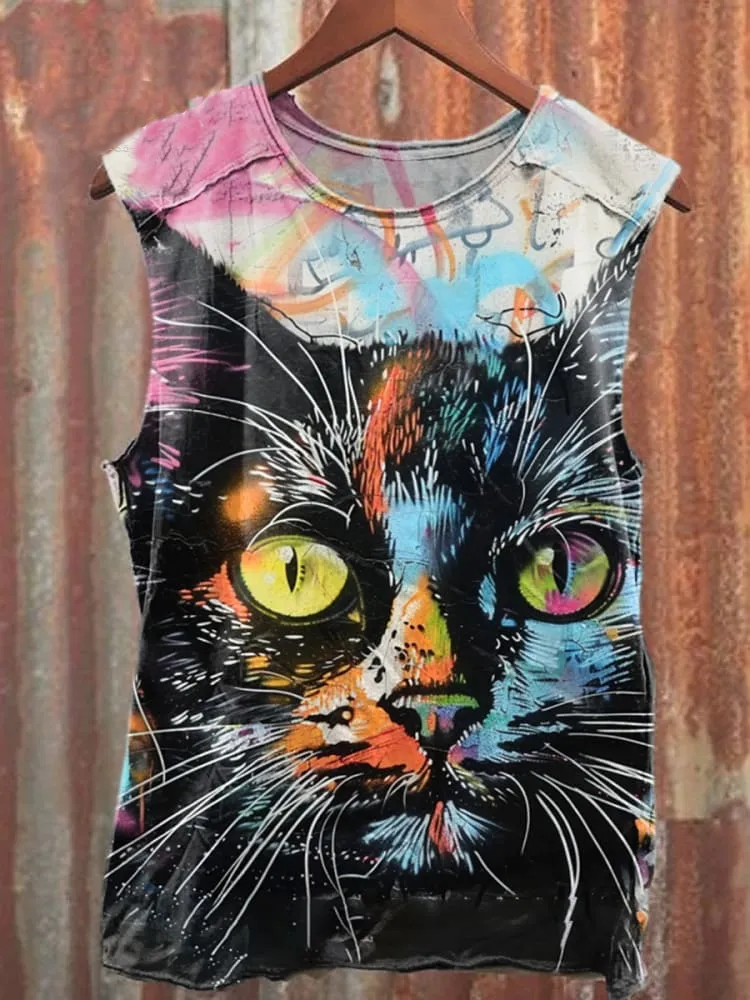 Unisex Cat Pop Art Illustration Print Casual Tank Top