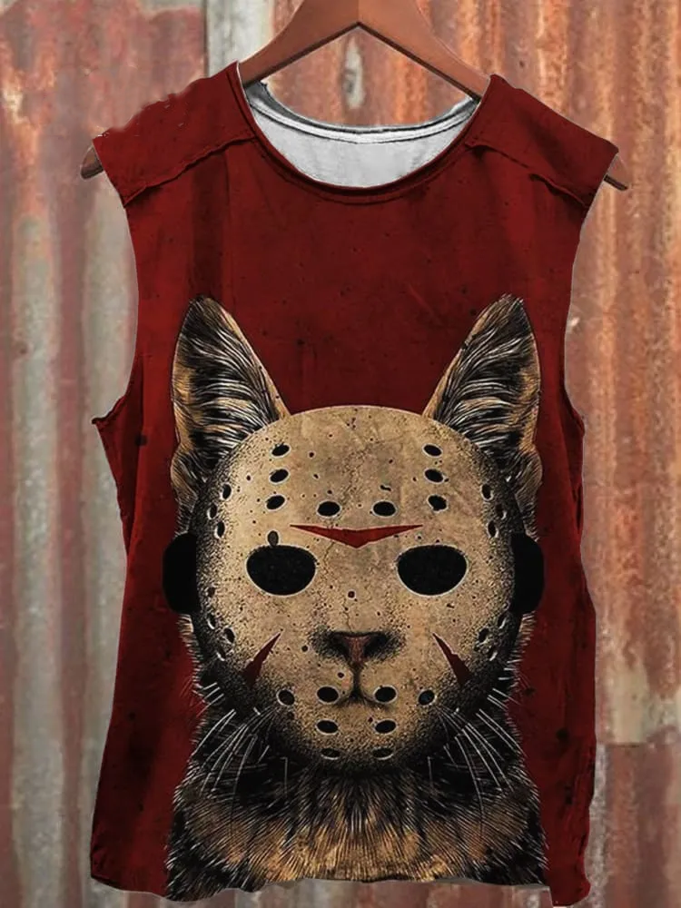 Unisex Retro Horror Jason Cat Print Casual Tank Top