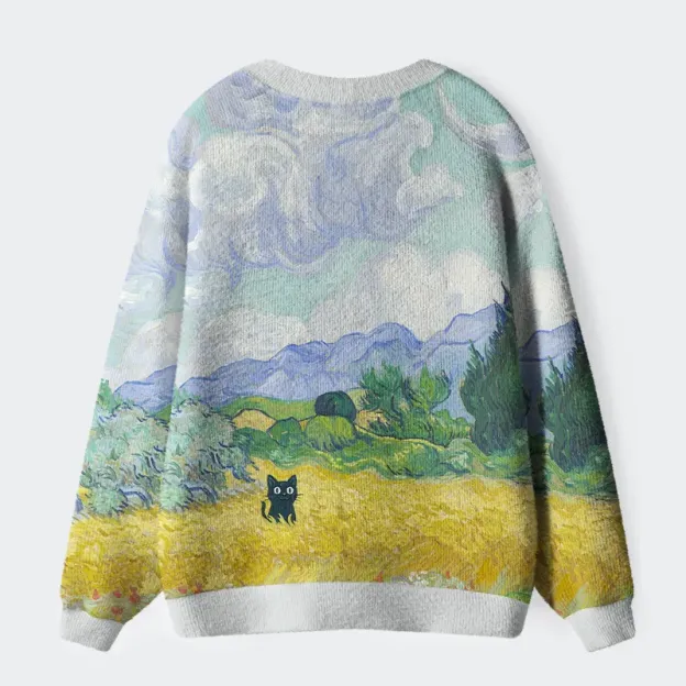 Tokyo-Tiger Black Cat In The Wheat Field Ugly Cardigan Sweater