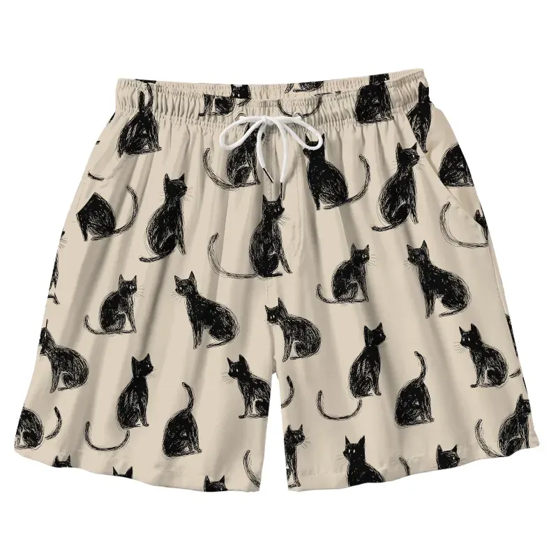 Tokyo-Tiger Black Cat Beige Aloha Mens Swim Trunks