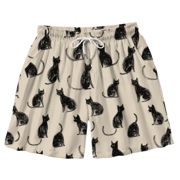  Black Cat Beige Aloha Mens Swim Trunks