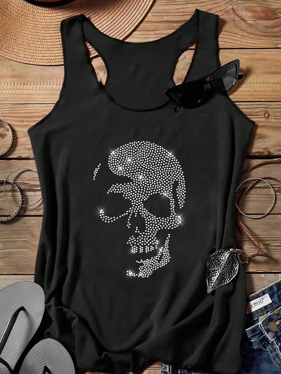 Women Casual Skull Rhinestone Print Racerback Tank Top