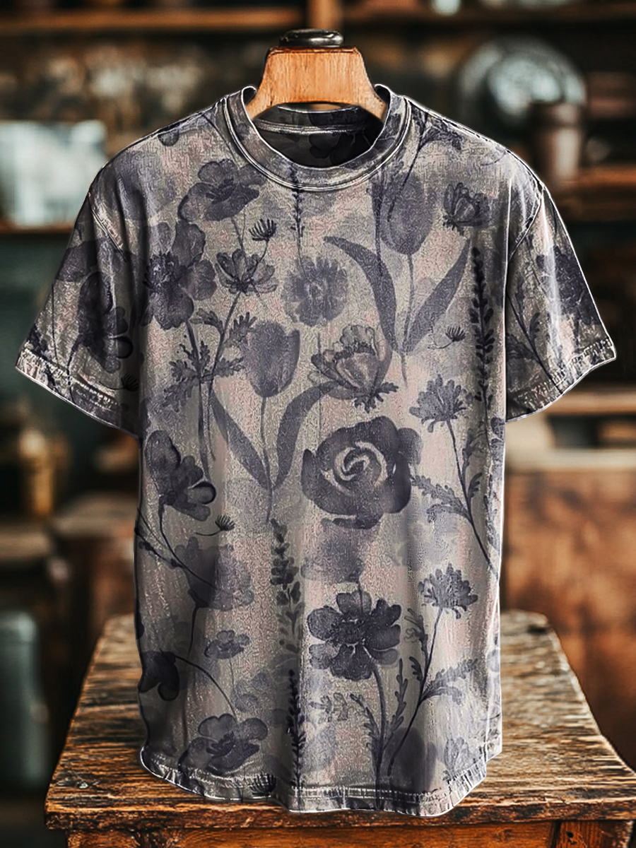 Unisex Retro Abstract Floral Print Casual Loose Short Sleeve T-Shirt