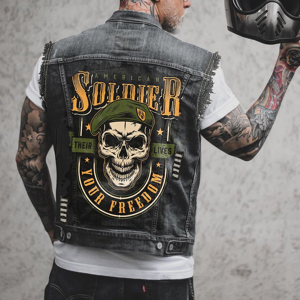 Denim Beret Soldier Skull Men's Street Vest