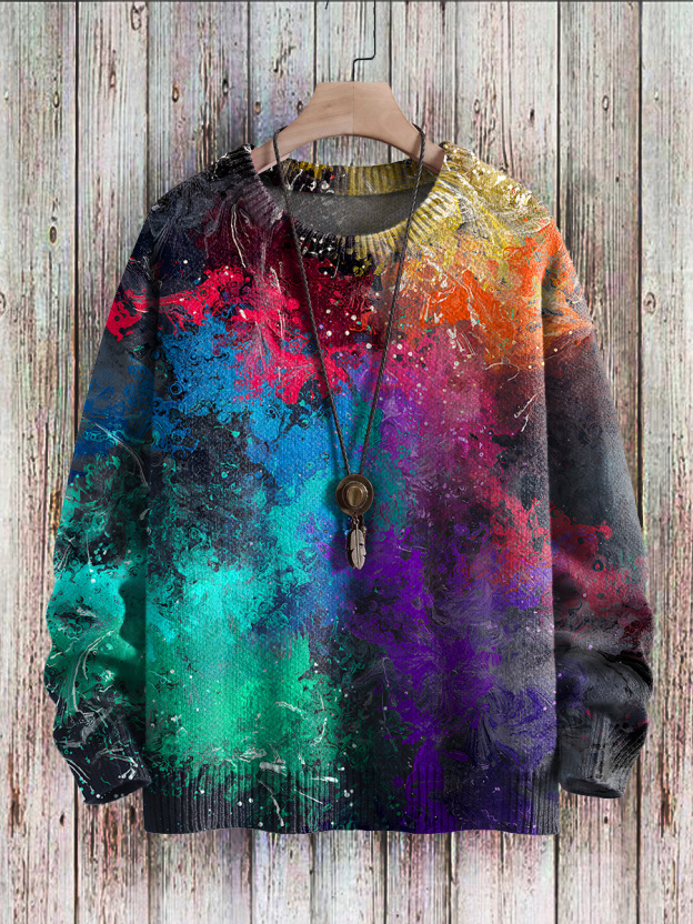 Multicolor Rainbow Gradient Blending Universe Art Print Knit Pullover Sweater
