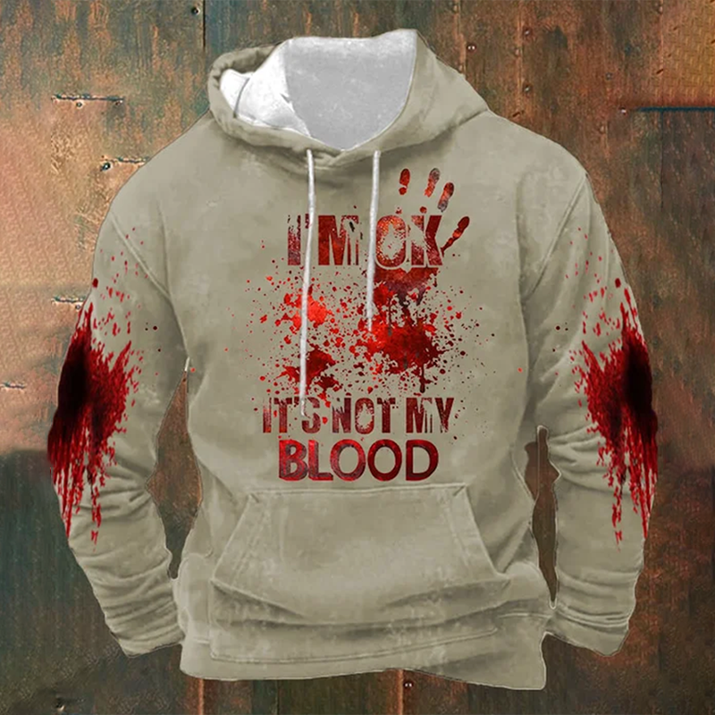 Men's I'M Ok It'S Not My Blood Halloween Printed Hooded Sweatshirt