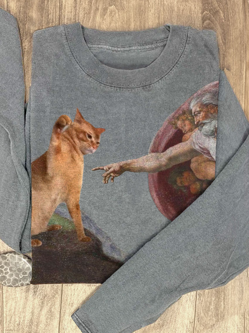 Vintage Funny Cat Print Casual Sweatshirt