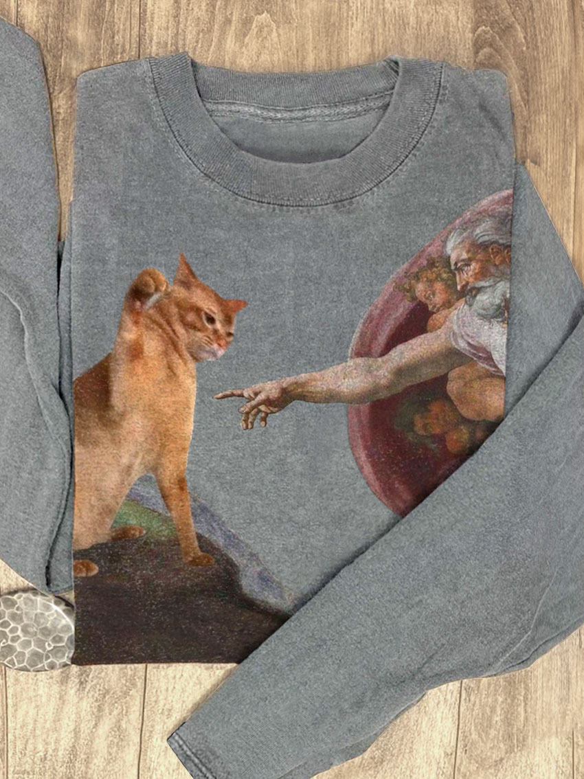 Vintage Funny Cat Art Print Casaul Short Sleeve T-shirt