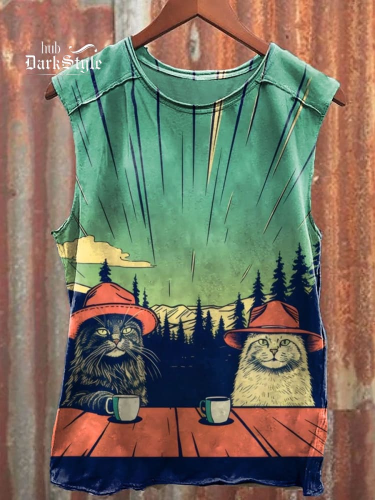 Vintage Cats Chilling In Nature with Coffee Wall Print Casual Tank Top