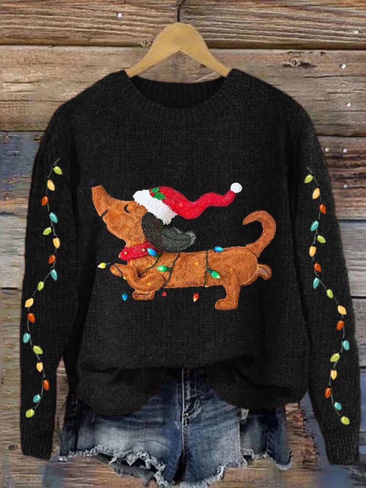 Women's Dachshund And Christmas Lights Print Knit Sweatshirt