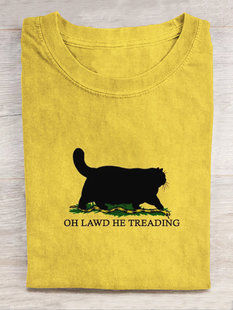 Oh Lawd He Treading Cat Print Short Sleeve T-shirt