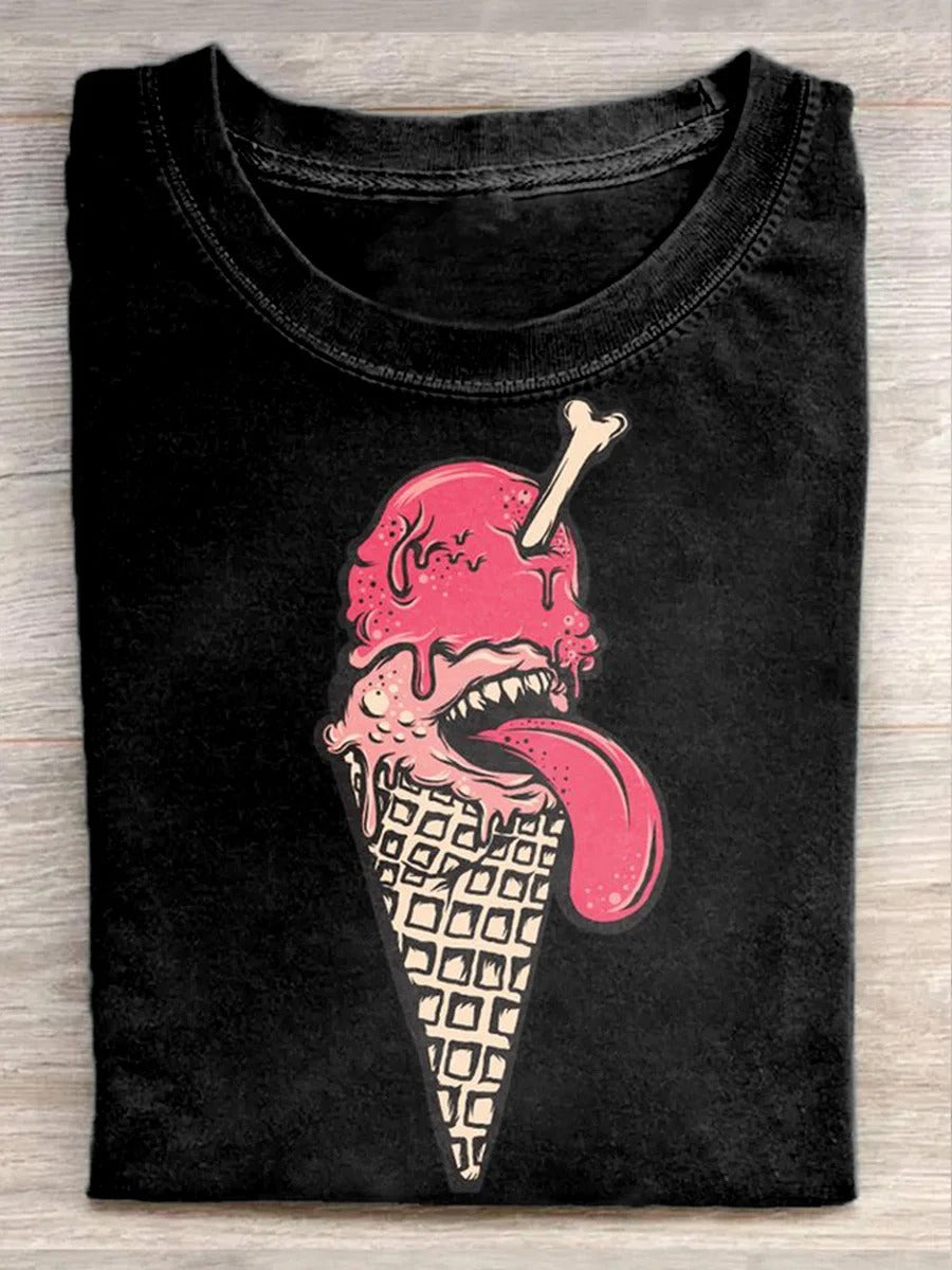 Unisex Funny Ice Cream Illustration Print Casual Short Sleeve T-Shirt