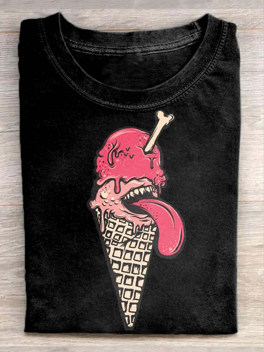 Unisex Funny Ice Cream Illustration Print Casual Short Sleeve T-Shirt