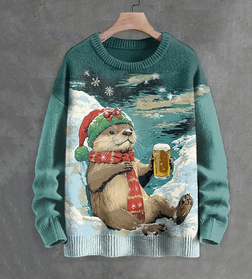 Otter Holding Beer Printed Long-Sleeved Sweater