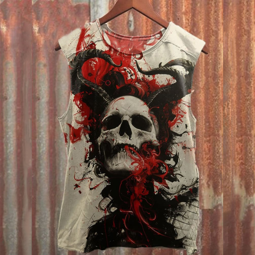 Unisex Skull Art Illustration Printed Casual Cotton Tank Top