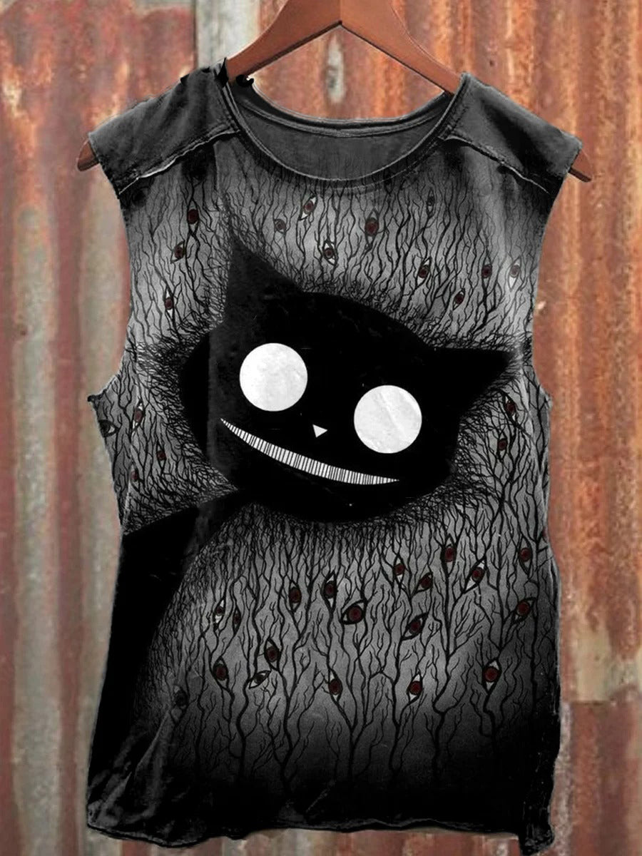 Men's Mutated Demon Cat Art Illustration Casual Printed Cotton Tank Top