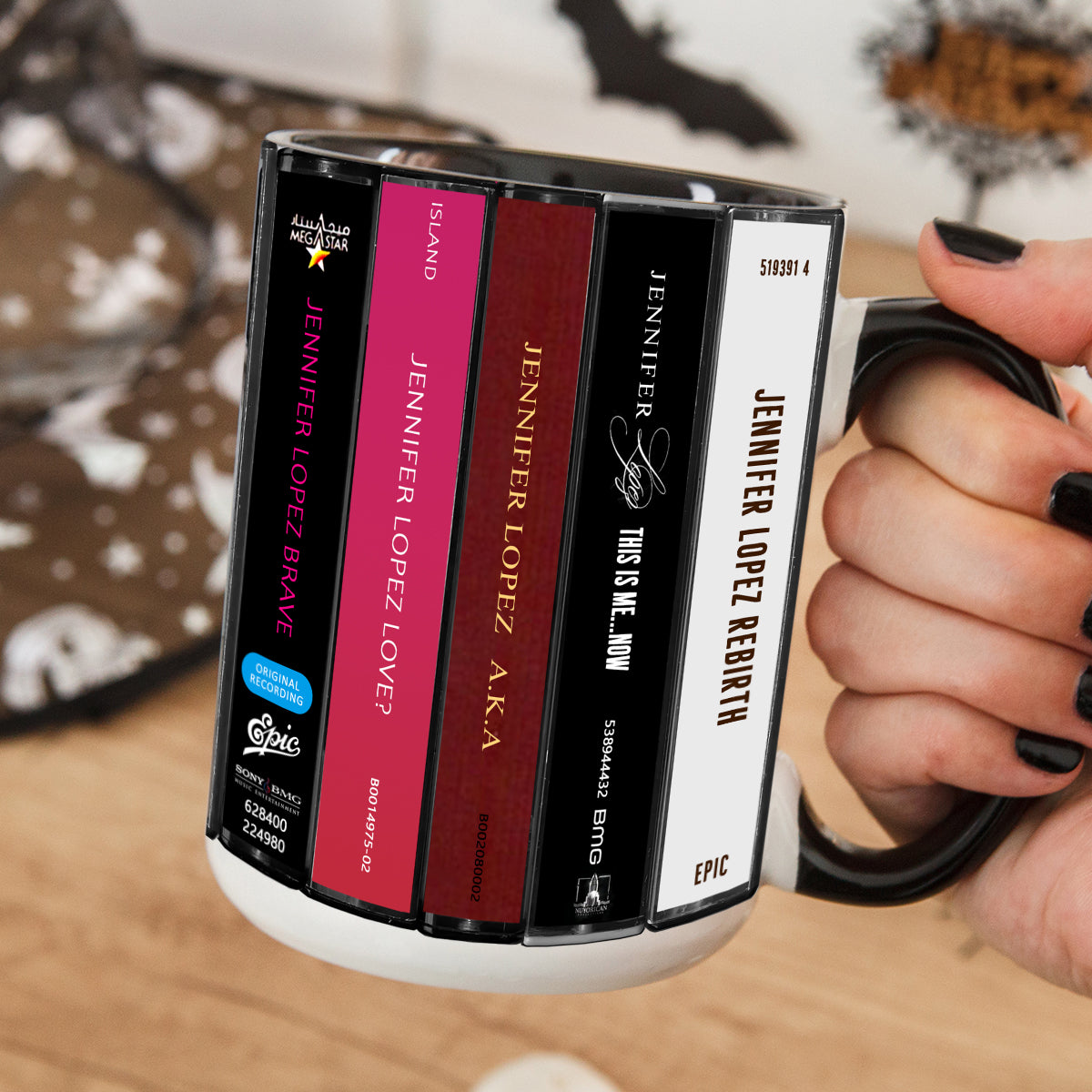 Jennifer Lopez Albums Cassette Collection Retro Accent Edge-to-Edge Printed Mug