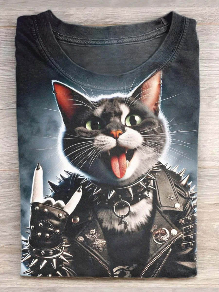 Unisex Funny Rock Cat Illustration Printed Casual Cotton Short Sleeve 