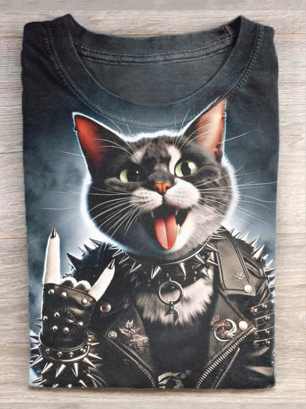 Unisex Funny Rock Cat Illustration Printed Casual Cotton Short Sleeve T-shirt