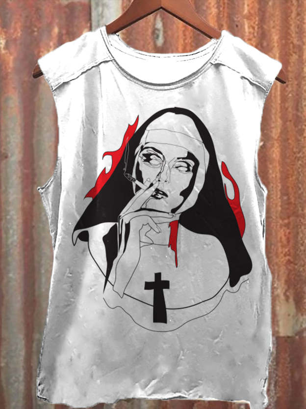 Horror Smoking Nun Print Unisex Casual Tank Top