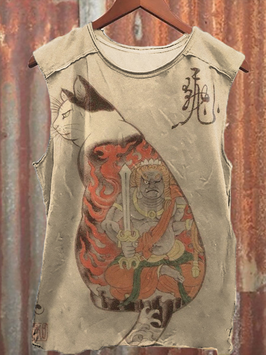Japanese tattoo cat Print Unisex Casual Tank Top